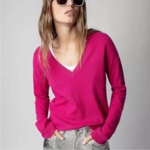 Zadig & Voltaire Vivi Patch Cashmere V-Neck Sweater Framboise Pink Red Stars M